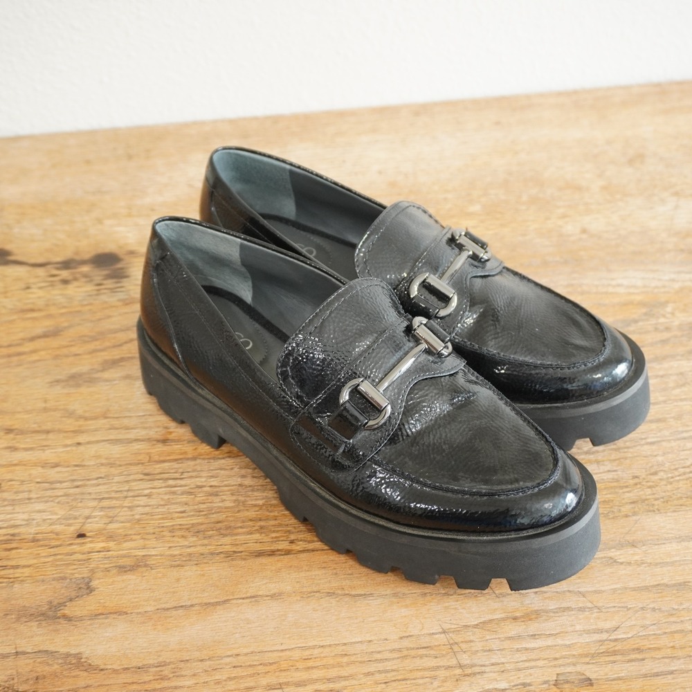 Franco Sarto Bergamot Black Crinkled Patent Chunky Lug Sole Bit Loafer Women 7.5